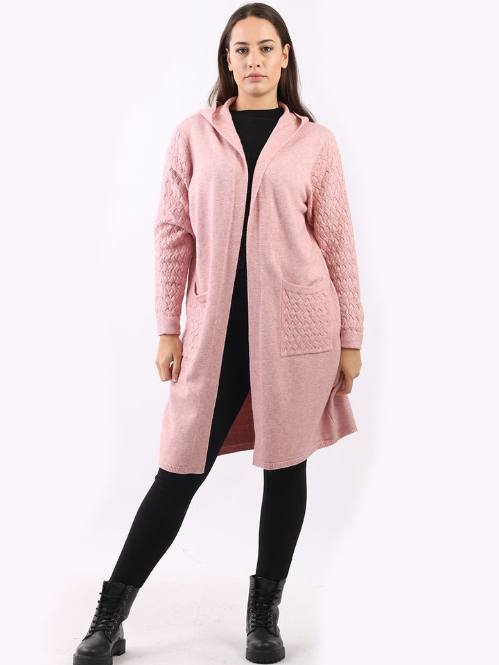 Cable Knit Hooded Cardigan Pink