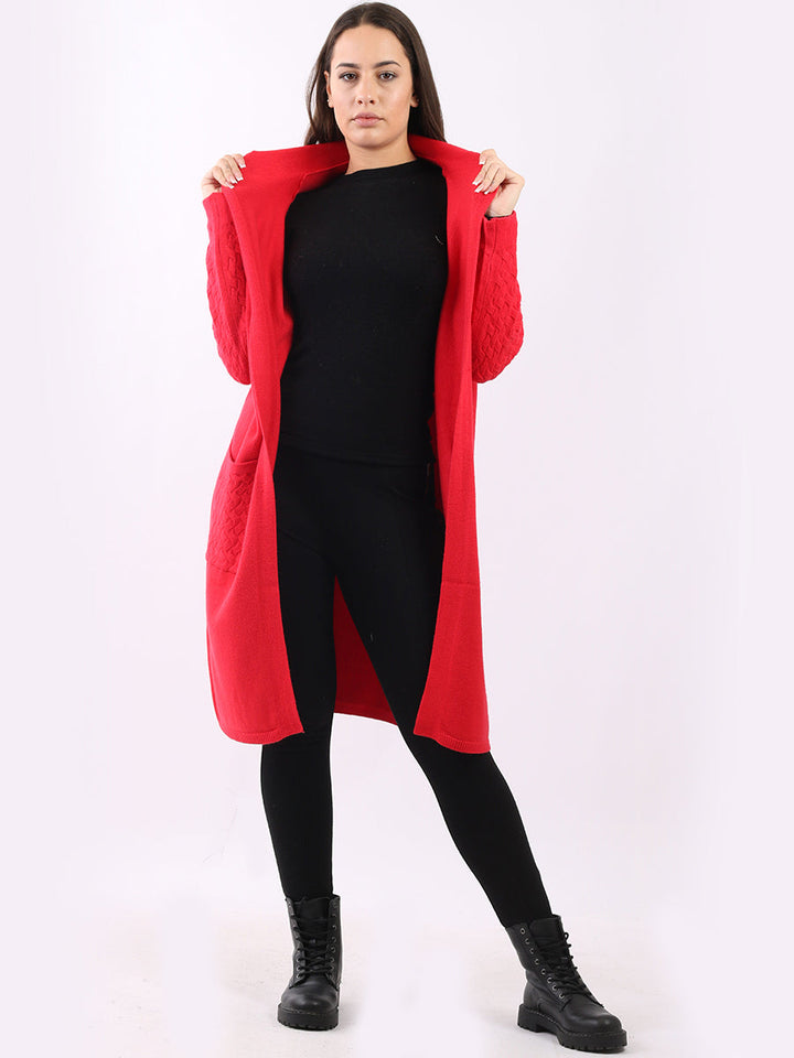 Cable Knit Hooded Cardigan Red