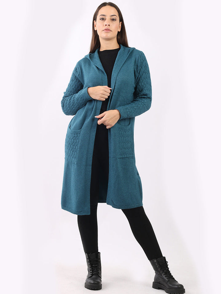 Cable Knit Hooded Cardigan Teal