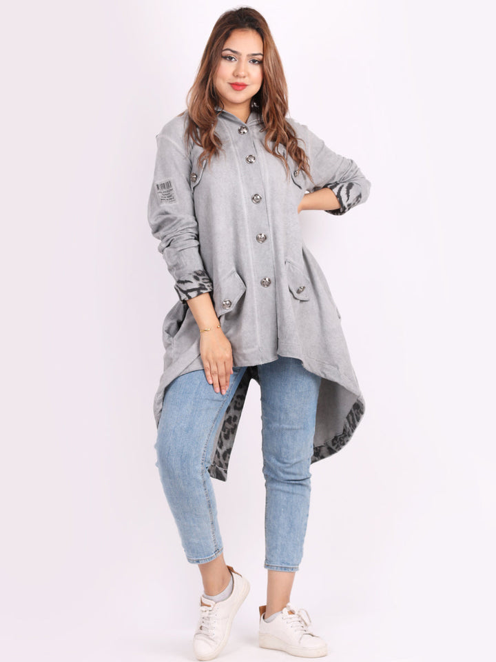 Plain Cotton Hooded Jacket Silver