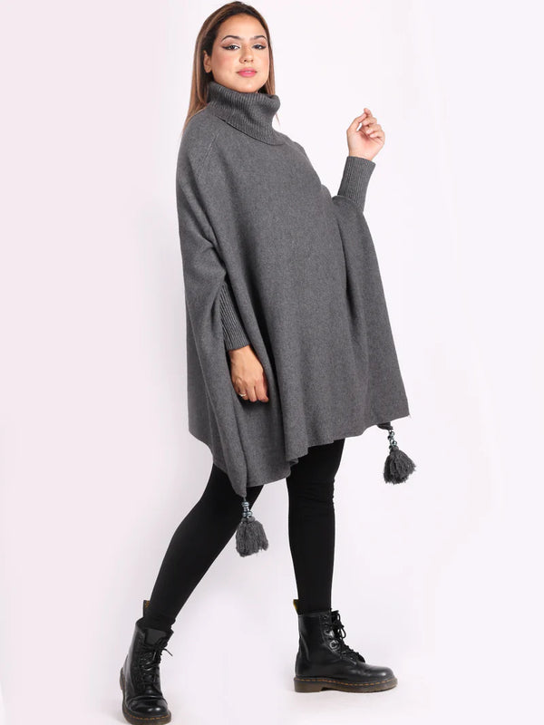 Cowl Neck Batwing Tassel Poncho