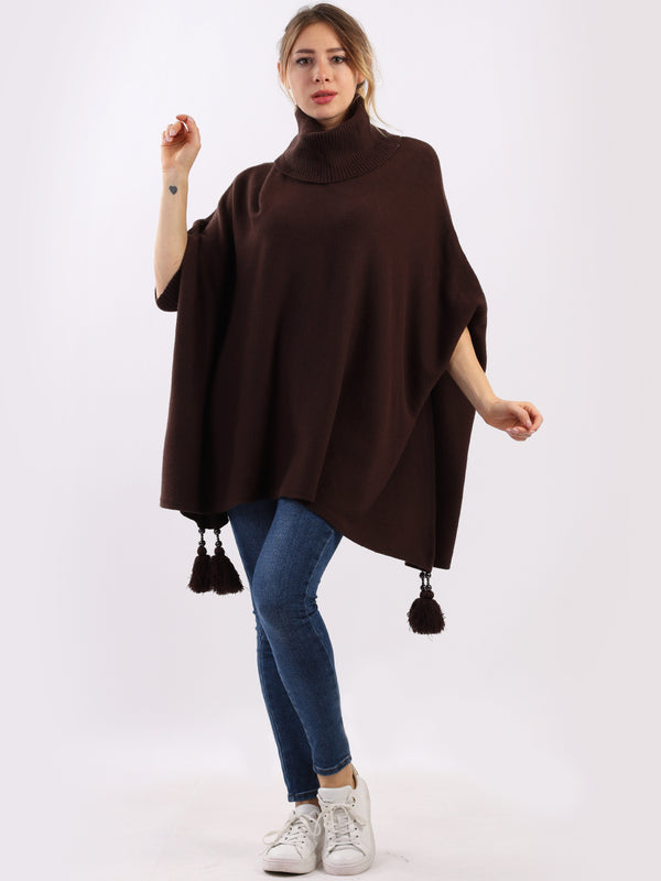 Italian Plain Cowl Neck Batwing Sleeves Tessels Tunic Poncho-Royal blue