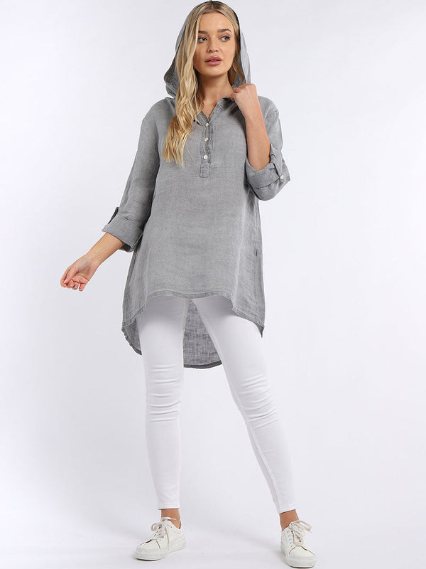 Italian Plain Front Buttons High Low Linen Lagenlook Hoodie Top