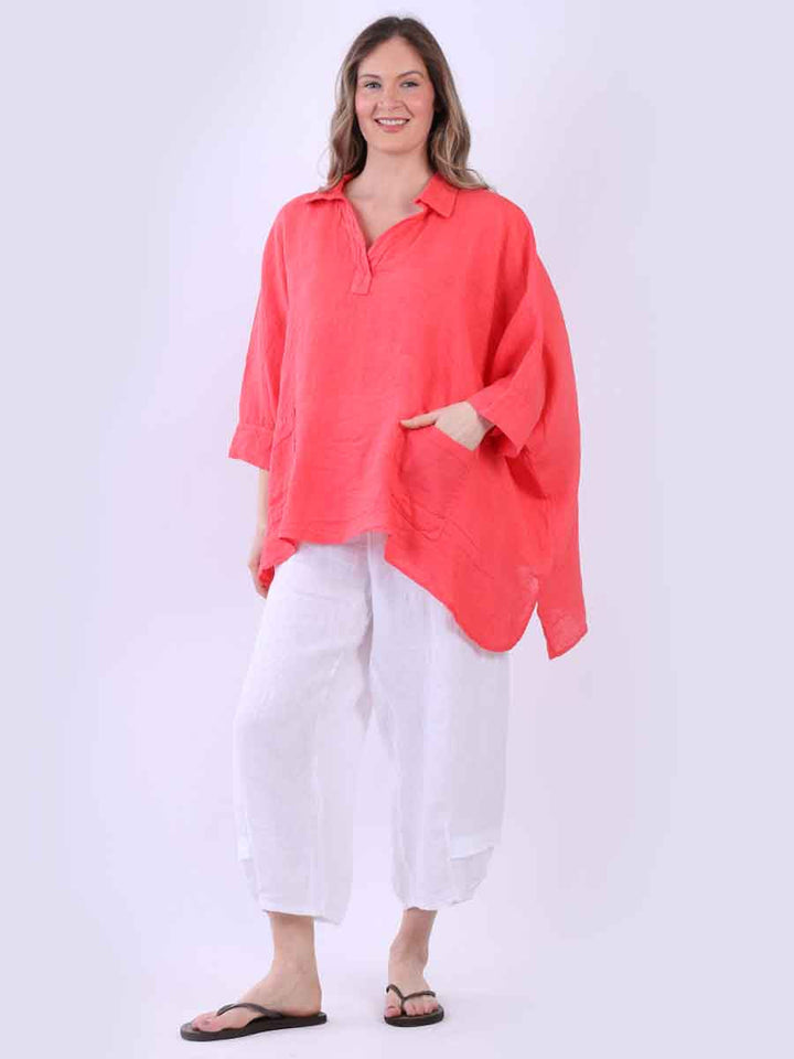 Plain Linen Baggy Shirt Coral