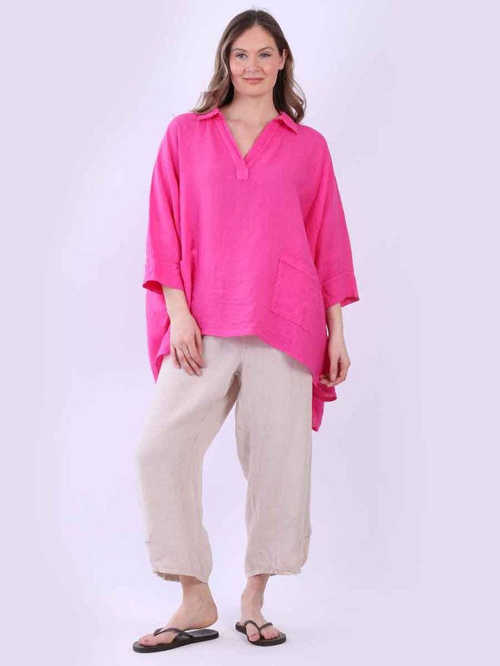 Plain Linen Baggy Shirt Fuchsia