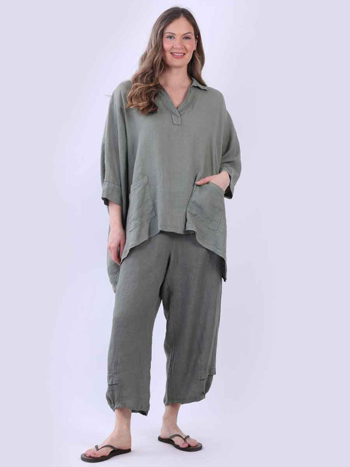 Plain Linen Baggy Shirt Khaki
