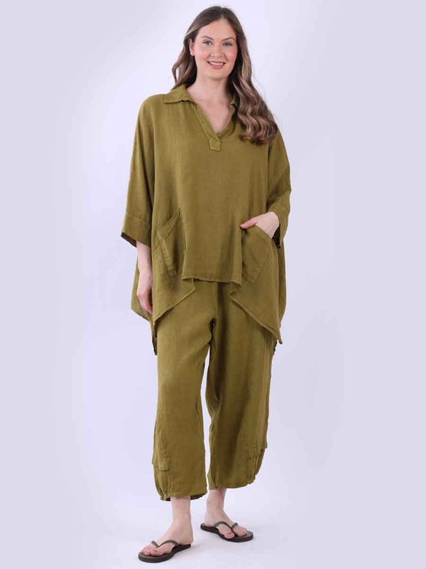 Plain Linen Baggy Shirt Olive