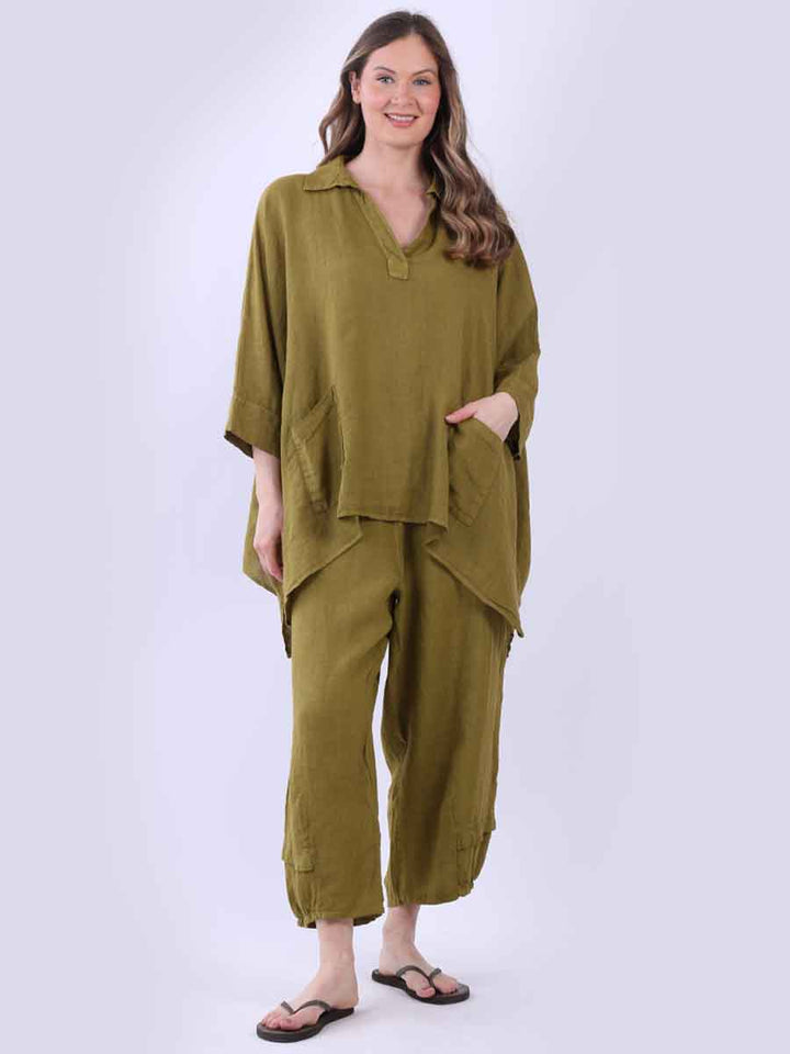 Plain Linen Baggy Shirt Olive