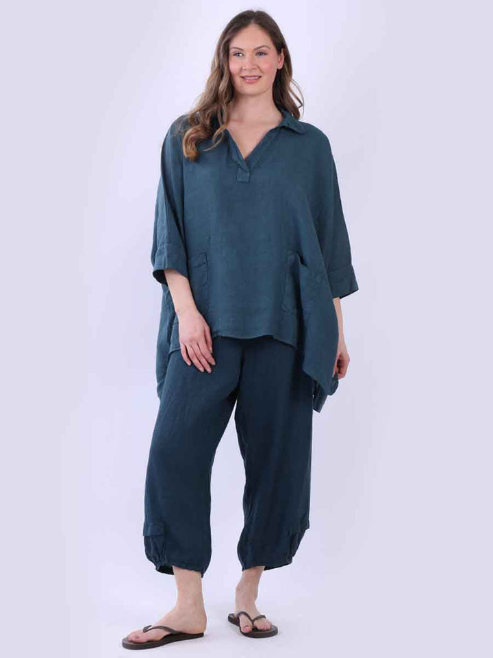 Plain Linen Baggy Shirt Teal