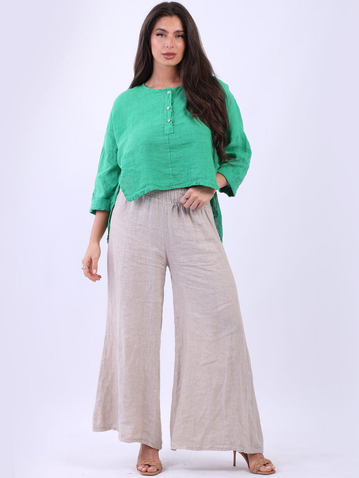 Plain Linen Hi Lo Crop Top Green