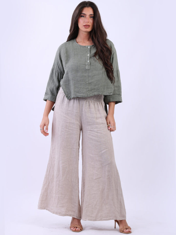 Plain Linen Hi Lo Crop Top Khaki