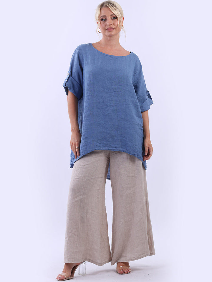 Plain Linen High Low Top Denim