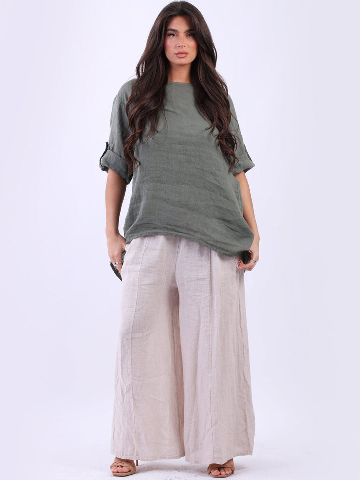 Plain Linen High Low Top Khaki