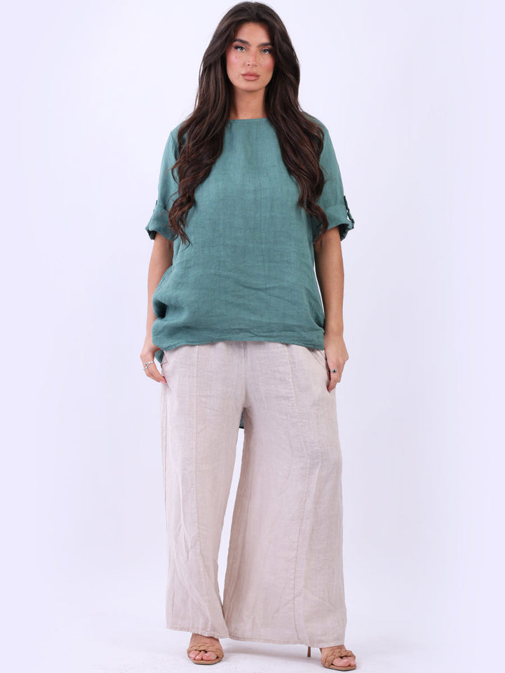 Plain Linen High Low Top Ocean Blue