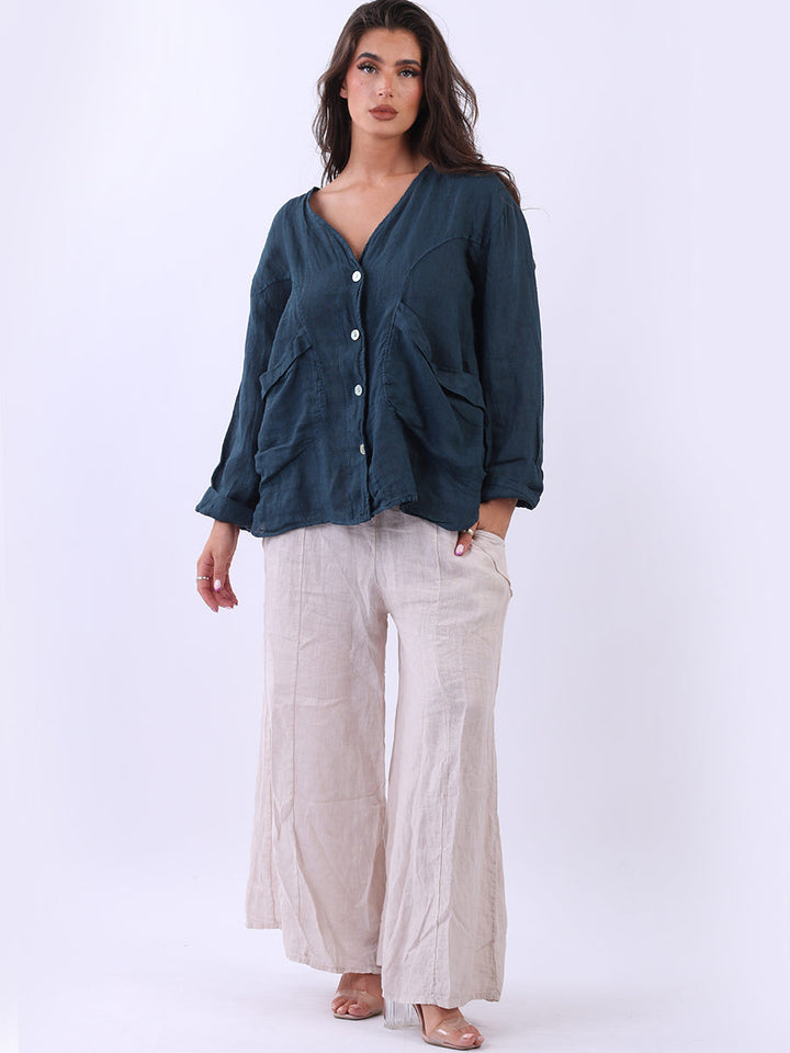 Linen Button Down Jacket Teal