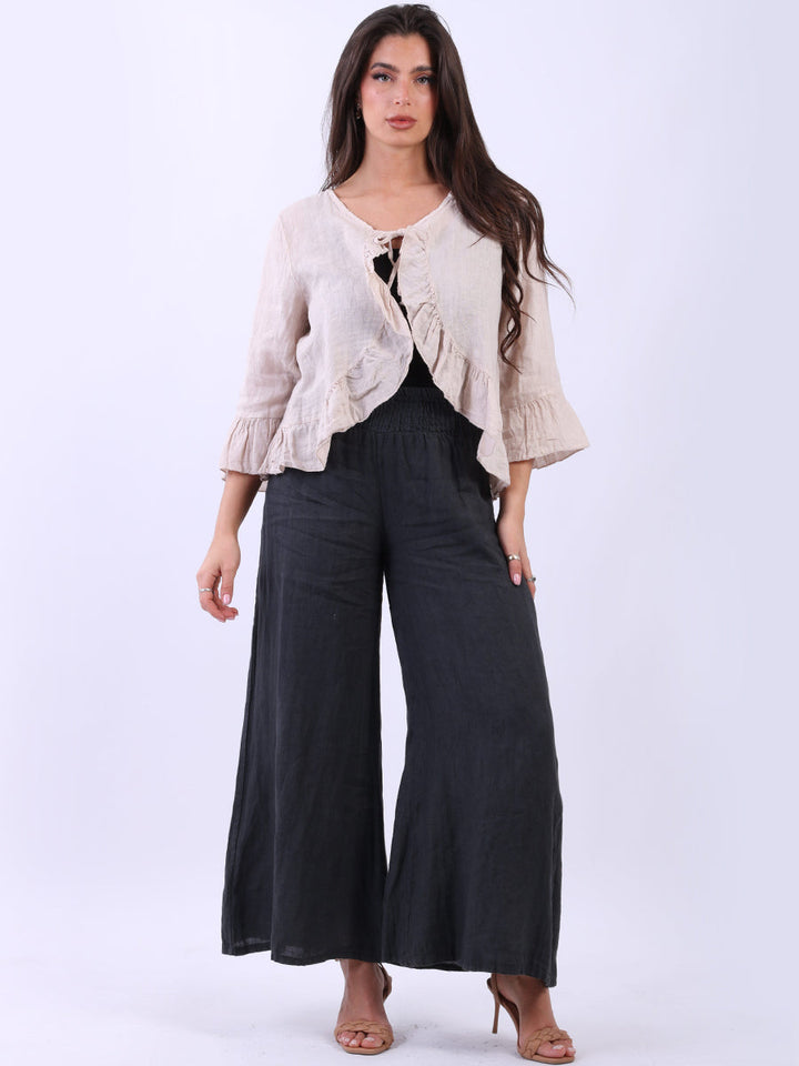 Linen Ruffle Crop Jacket Beige