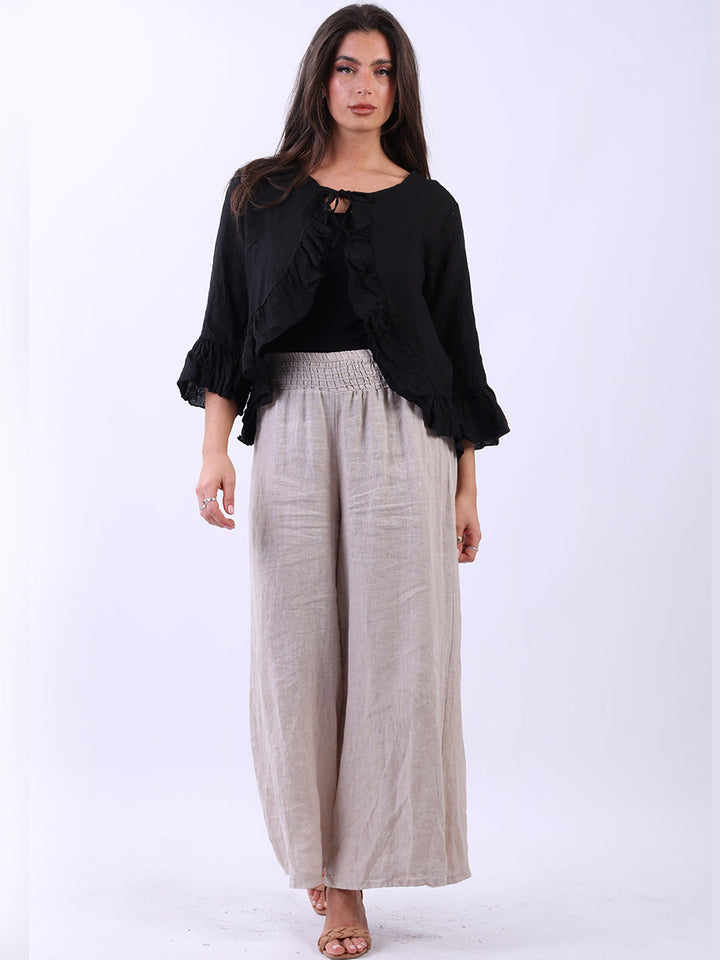 Linen Ruffle Crop Jacket Black