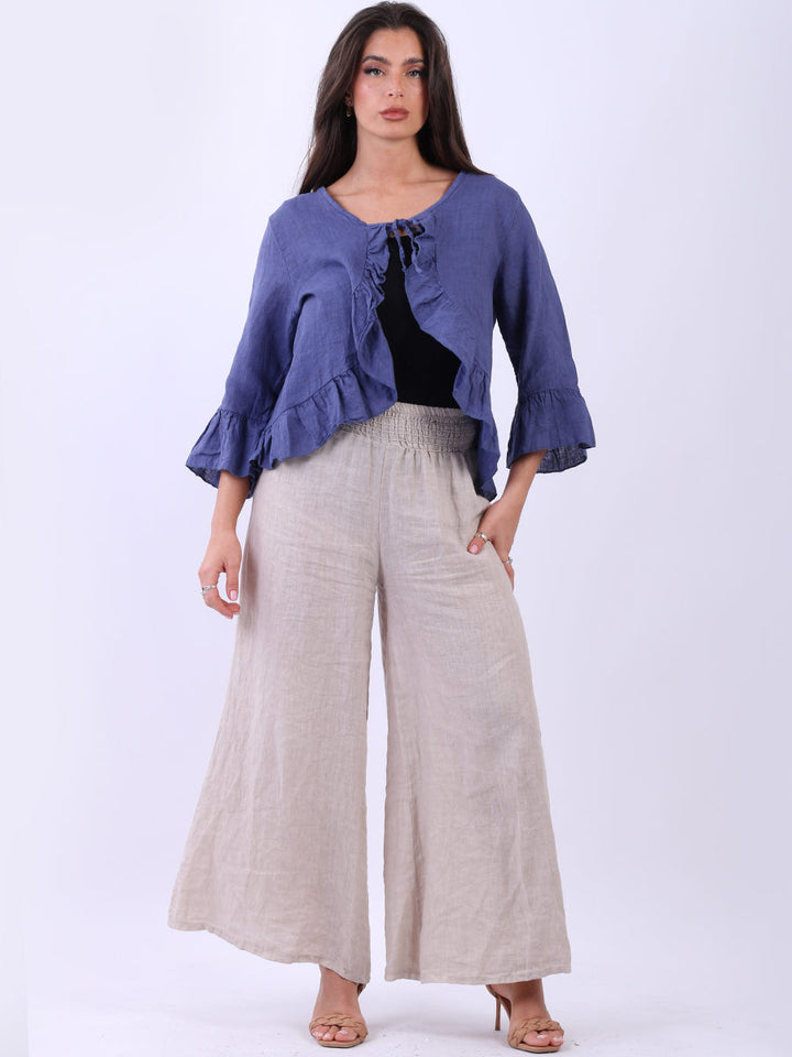 Linen Ruffle Crop Jacket Denim