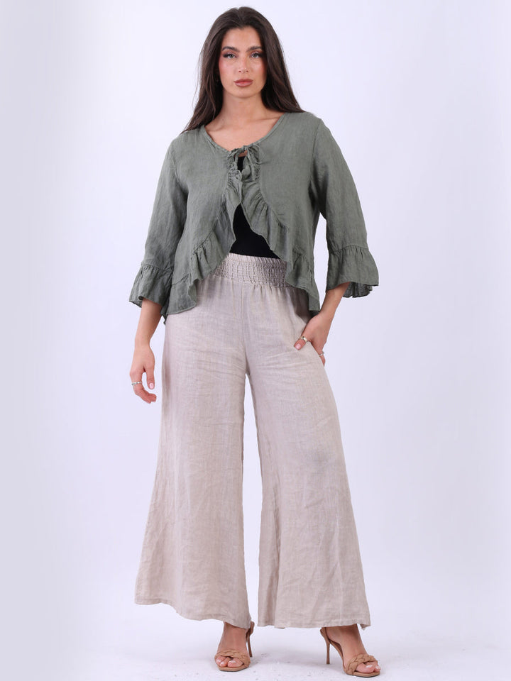 Linen Ruffle Crop Jacket Khaki