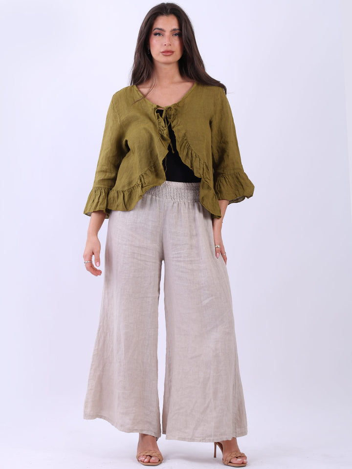 Linen Ruffle Crop Jacket Olive