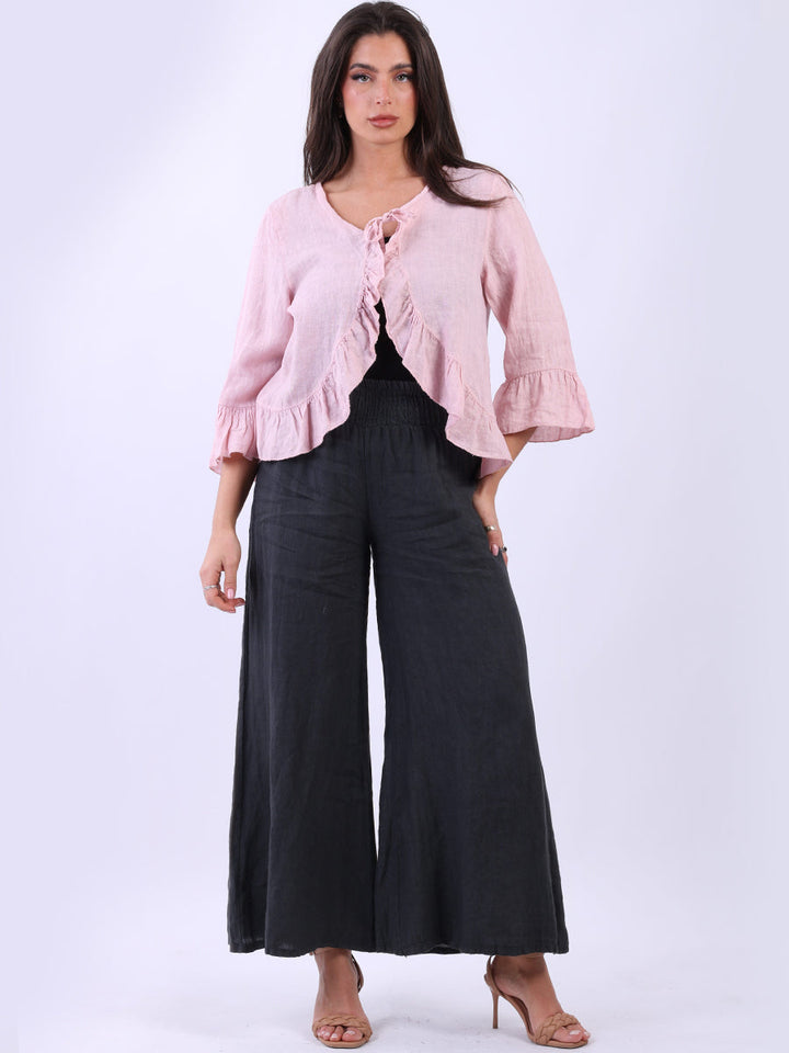 Linen Ruffle Crop Jacket Pink