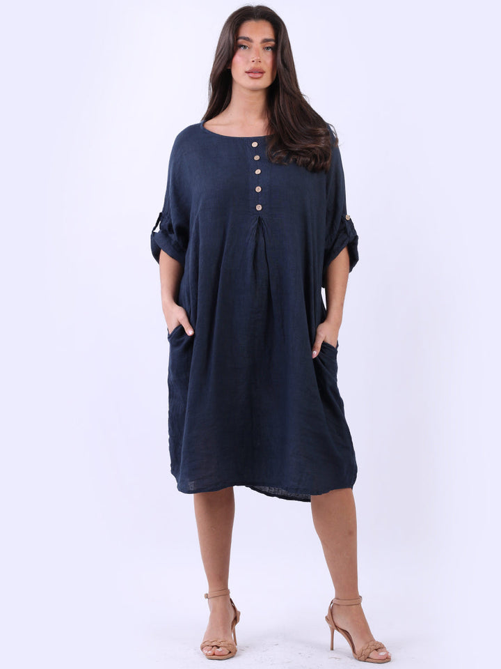 Linen Midi Dress Navy