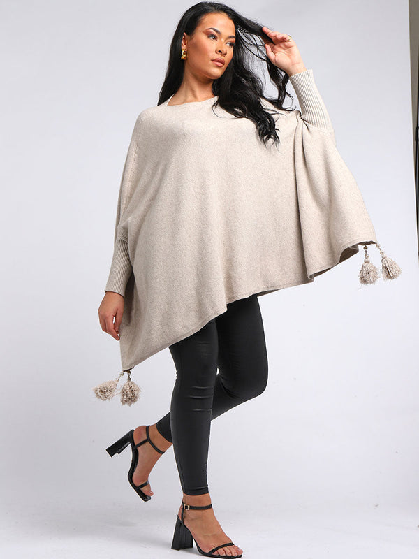 Plus Size Plain Batwing Sleeves Tassels Tunic Poncho