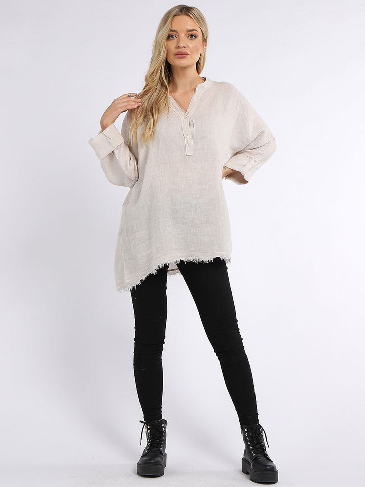 Raw Edge Baggy Linen Shirt Beige