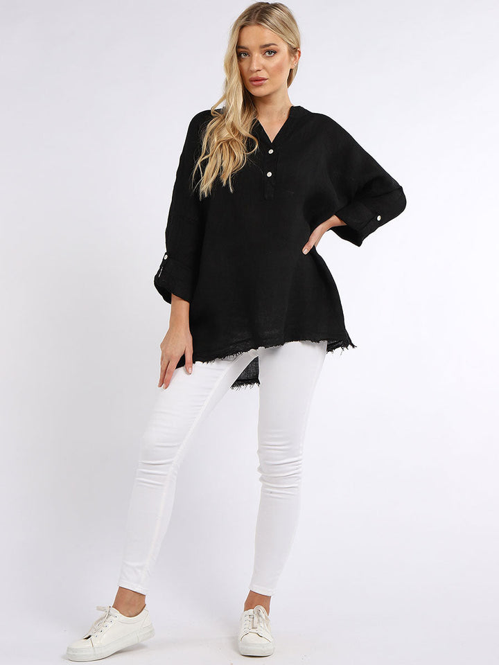 Raw Edge Baggy Linen Shirt Black