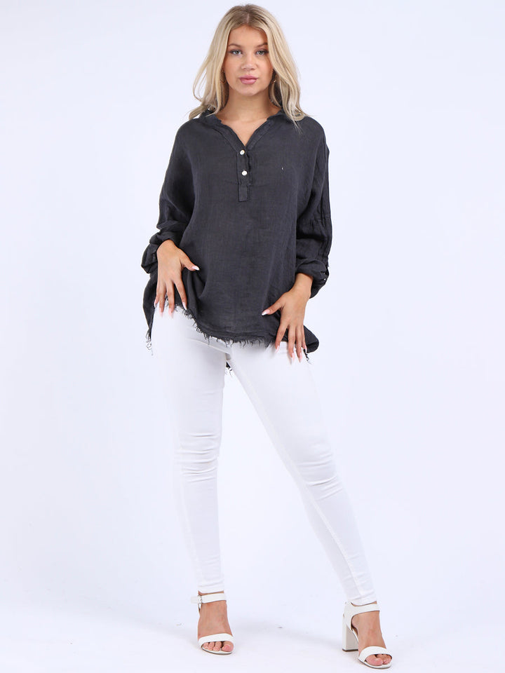 Raw Edge Baggy Linen Shirt Charcoal