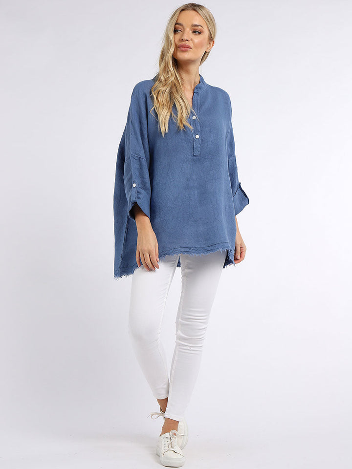 Raw Edge Baggy Linen Shirt Denim