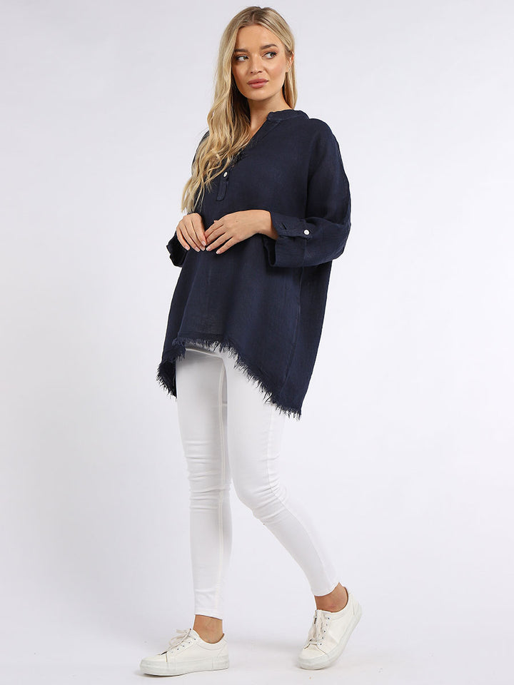 Raw Edge Baggy Linen Shirt Navy