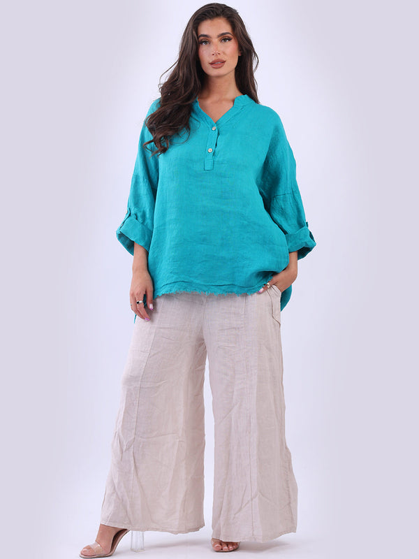 Raw Edge Baggy Linen Shirt Aqua