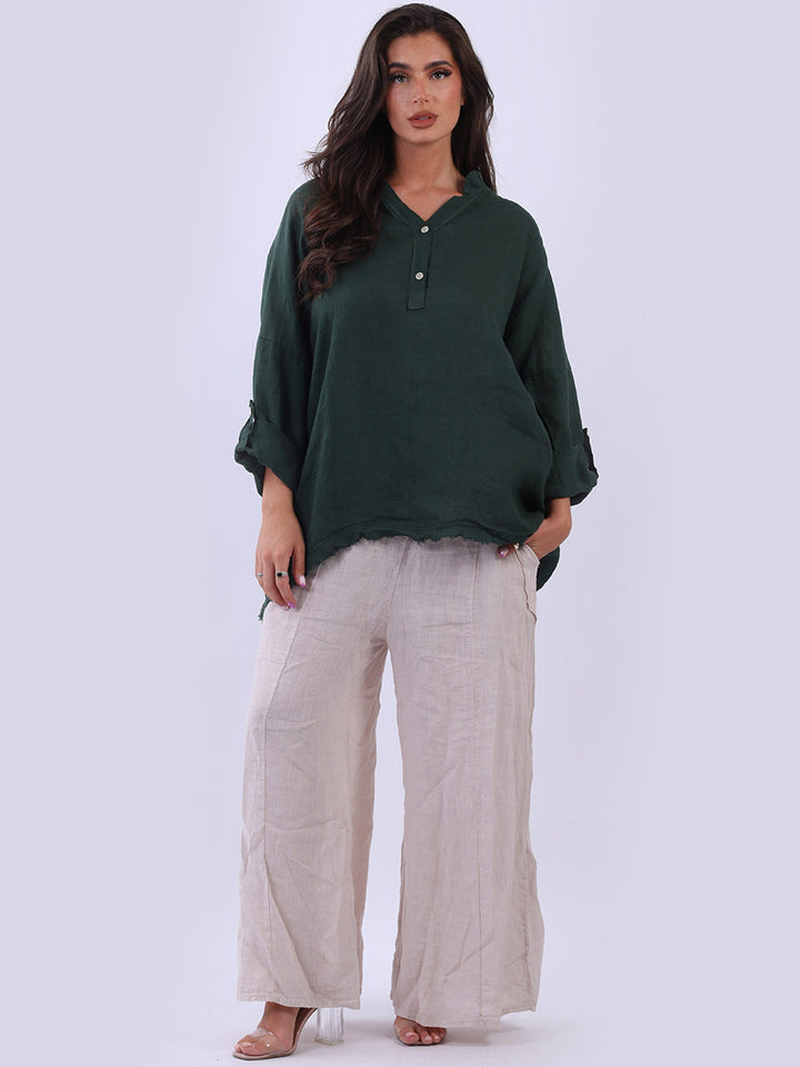 Raw Edge Baggy Linen Shirt Bottle Green