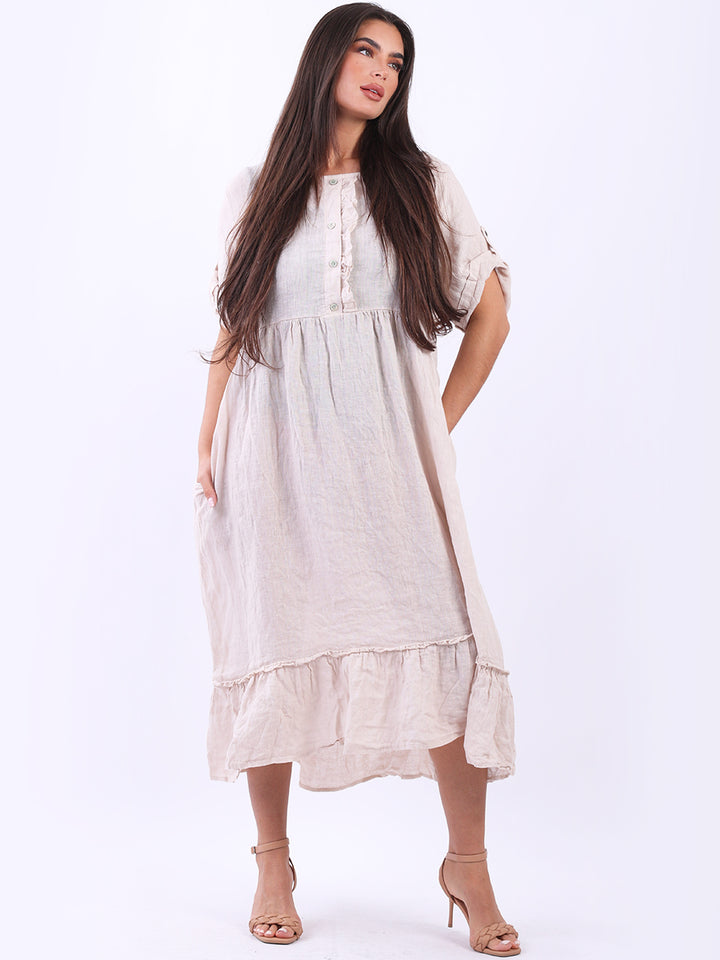 Plus Size Linen Ruffle Dress Beige