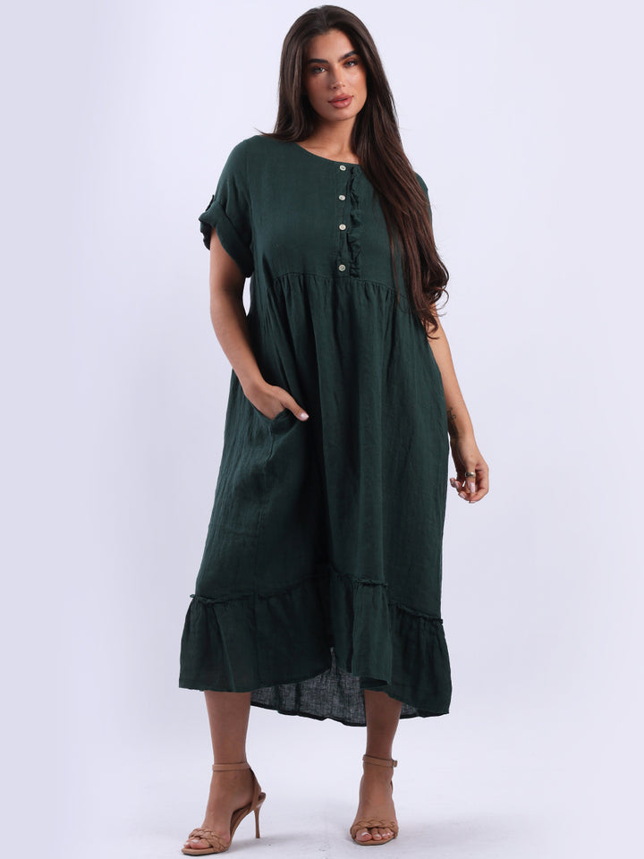 Plus Size Linen Ruffle Dress Bottle Green