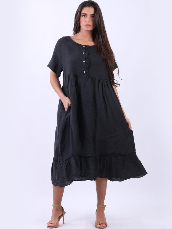 Plus Size Linen Ruffle Dress Charcoal