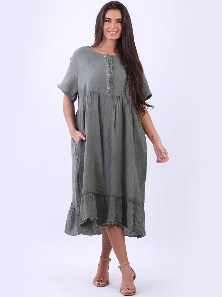Plus Size Linen Ruffle Dress Khaki