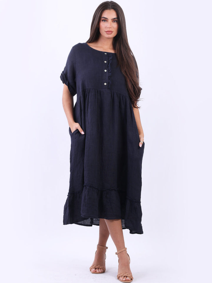 Plus Size Linen Ruffle Dress Navy