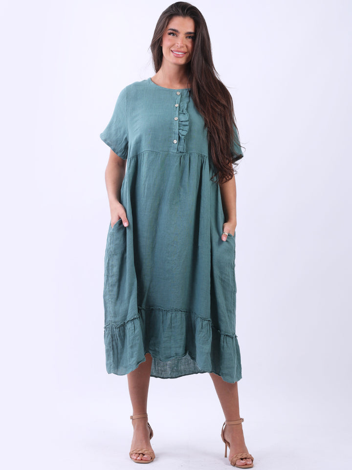 Plus Size Linen Ruffle Dress Ocean Blue