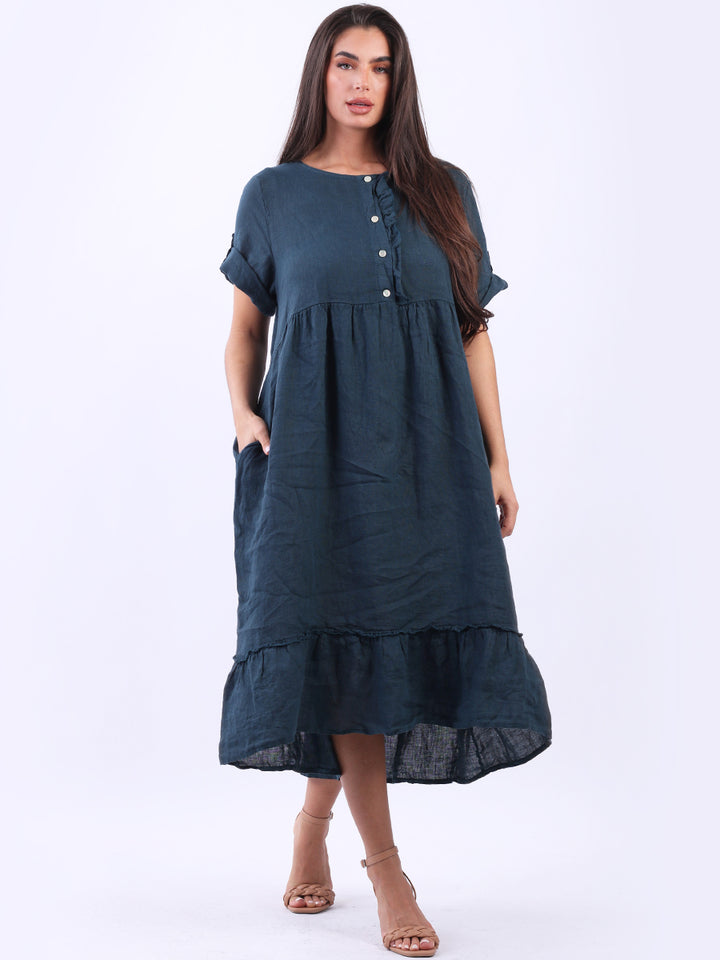 Plus Size Linen Ruffle Dress Teal