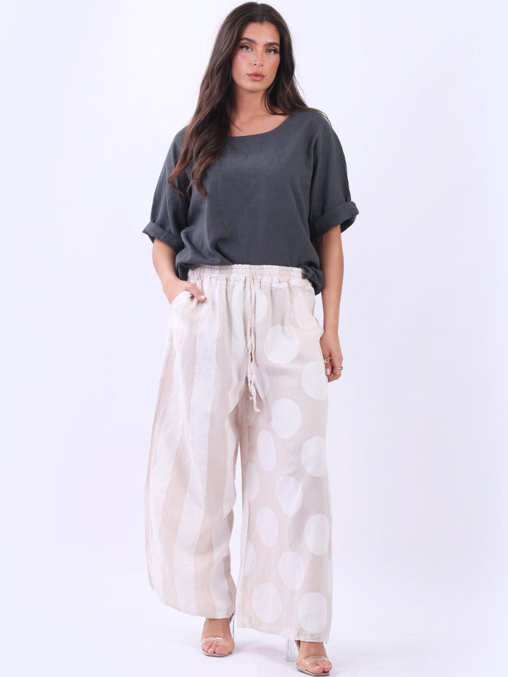 Polka And Stripy Mix Print Palazzo Beige