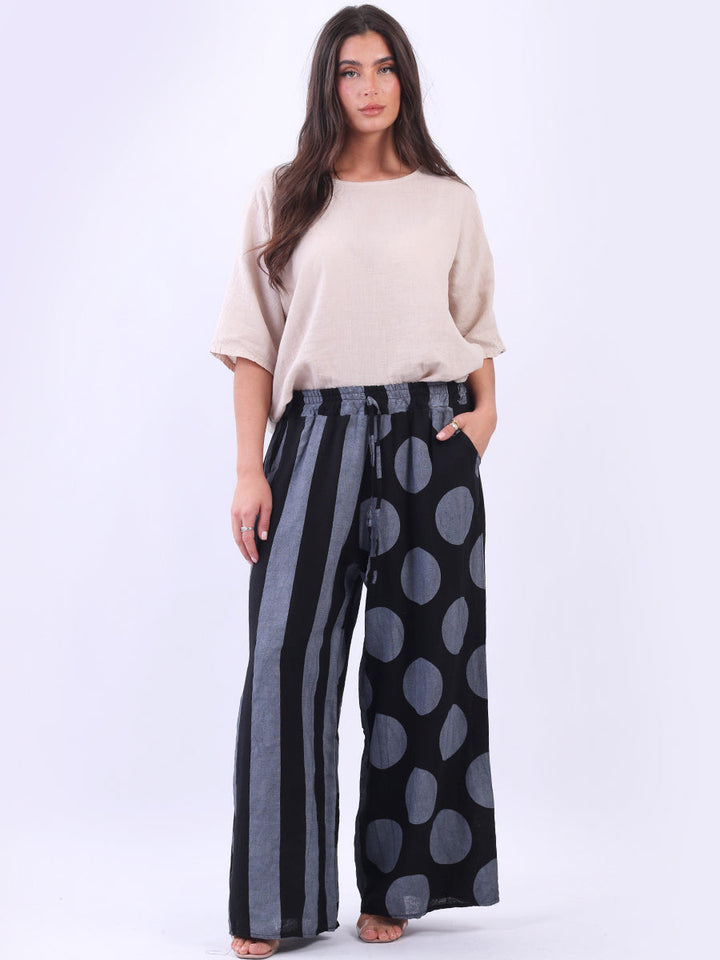 Polka And Stripy Mix Print Palazzo Black
