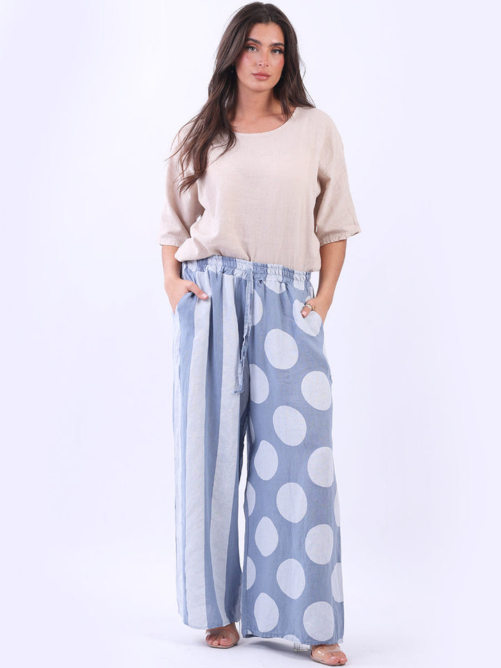 Polka And Stripy Mix Print Palazzo Denim