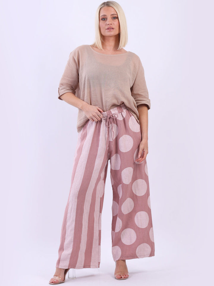 Polka And Stripy Mix Print Palazzo Pink