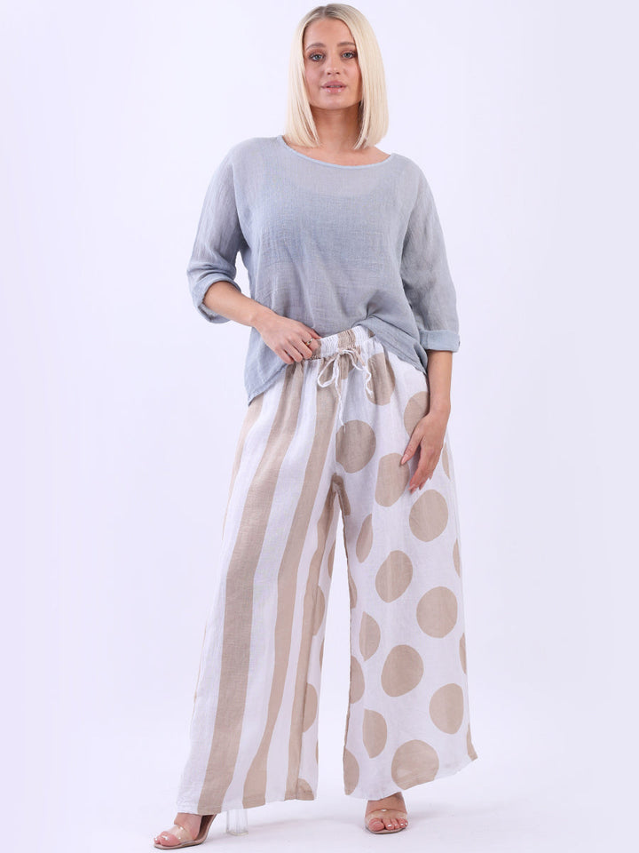Polka And Stripy Mix Print Palazzo White