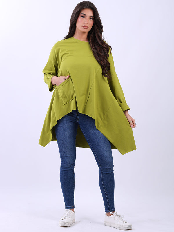 Italian Raw Edge Plain Cotton Lagenlook Tunic Sweat Top
