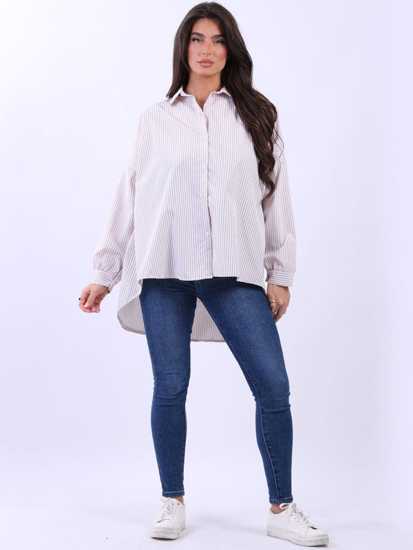 Hi Lo Stripy Cotton Shirt Beige