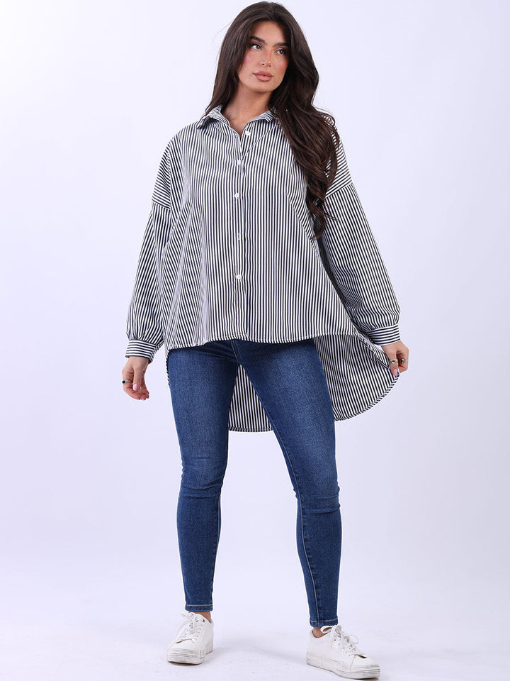 Hi Lo Stripy Cotton Shirt Black