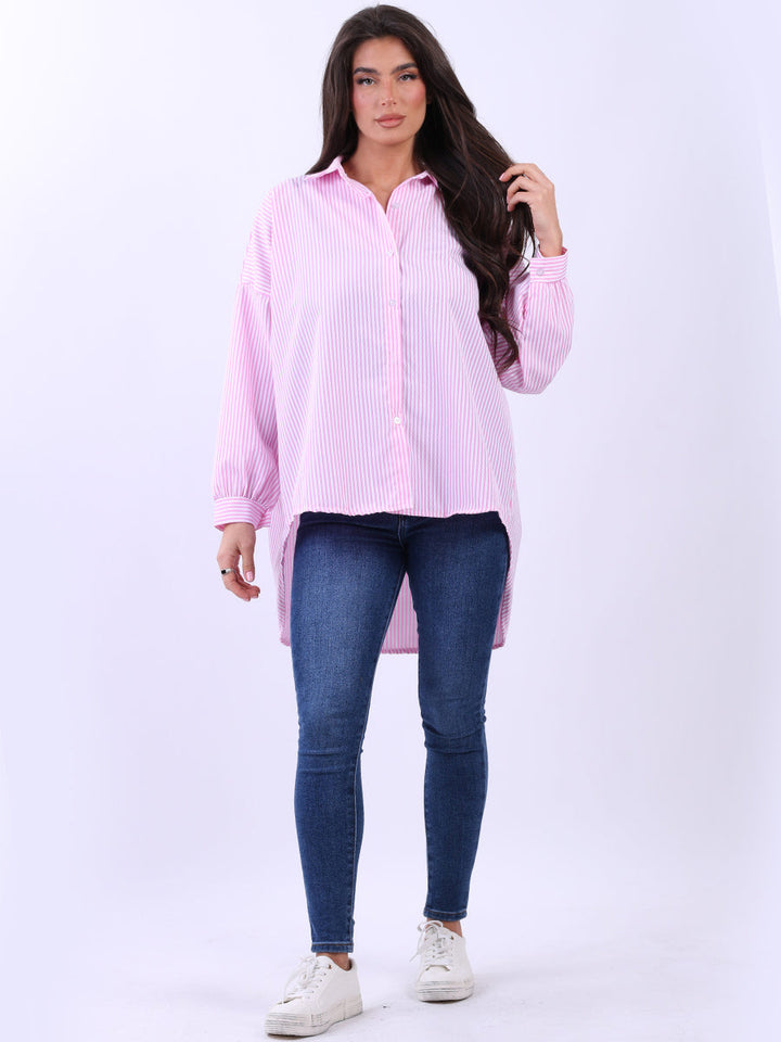Hi Lo Stripy Cotton Shirt Pink
